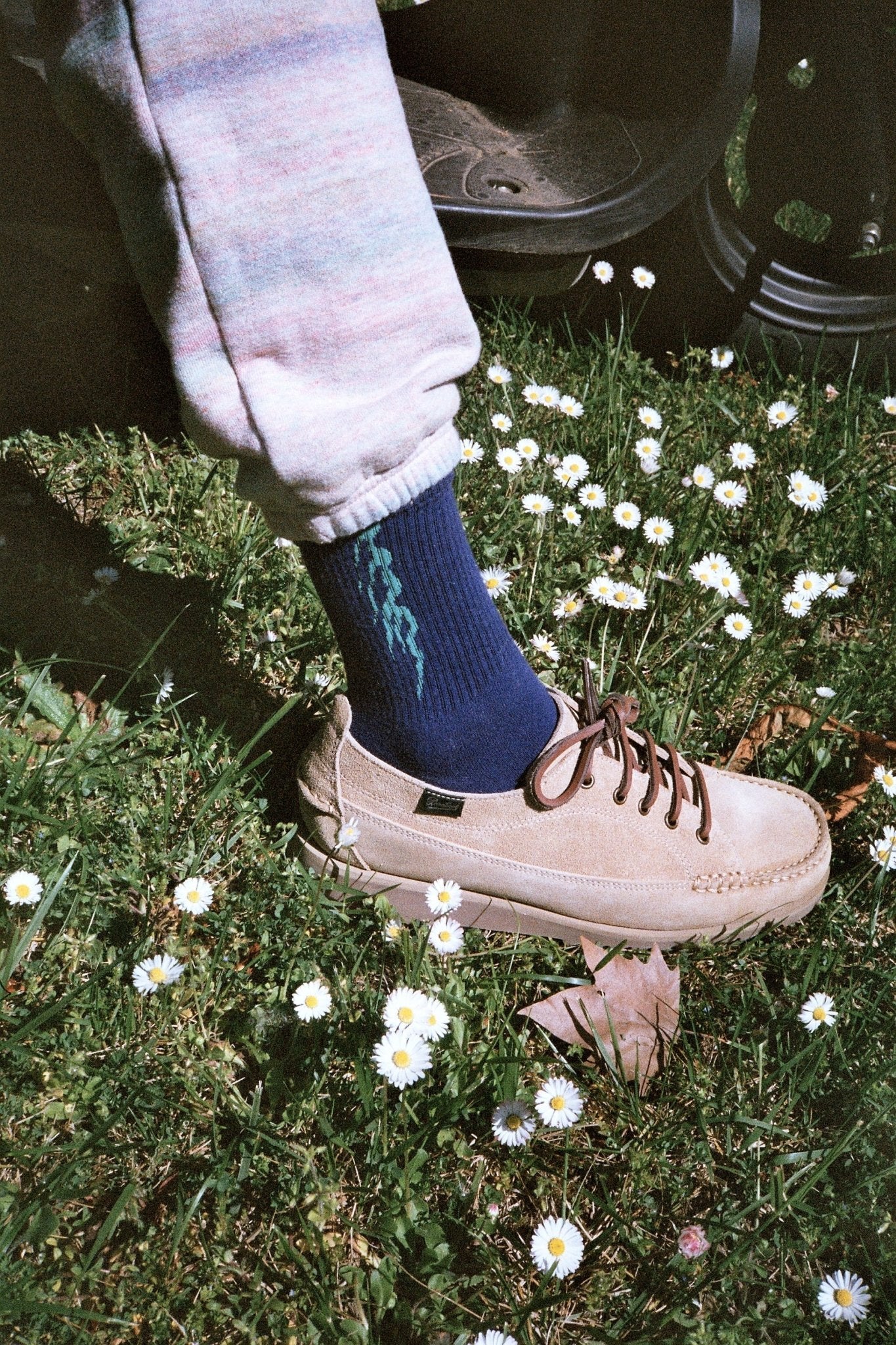 A person wearing blue Flame Crew Socks together with beige shoes
