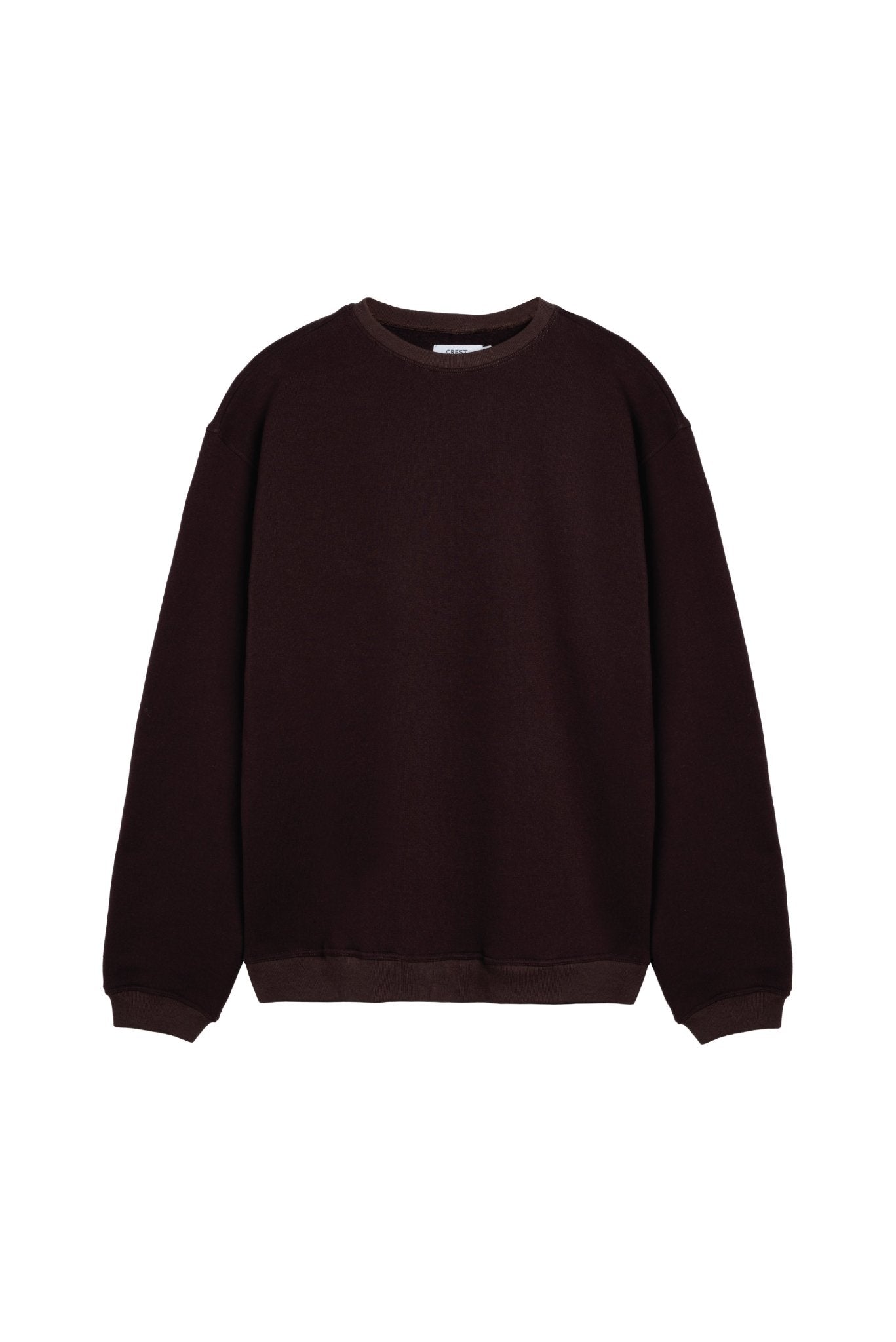 Relaxed-fit sweatshirt in solid chocolate brown by Crest, featuring raglan sleeves and a CRST label on the side.