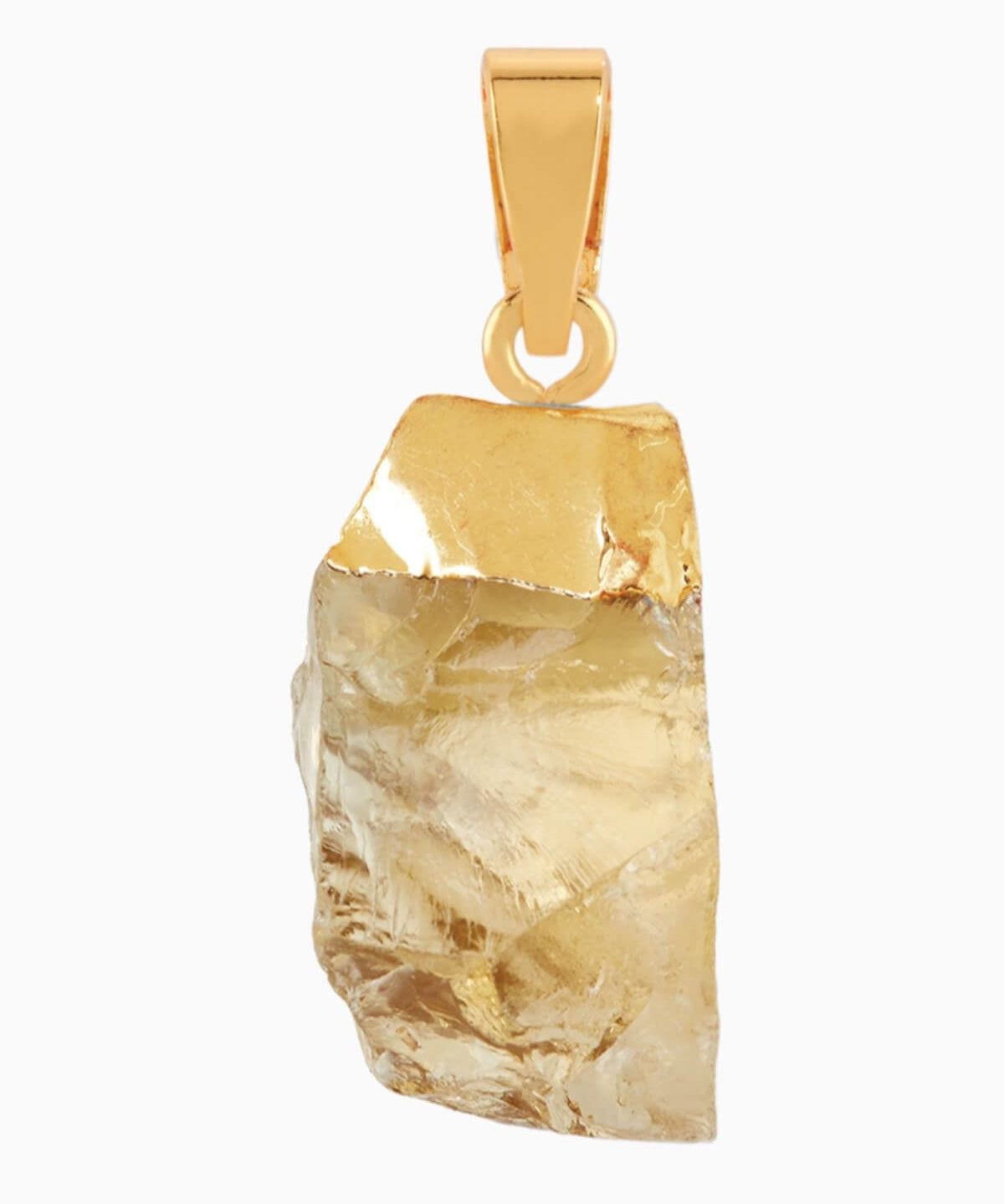Crystal Haze raw citrine crystal pendant in caramel gold tones with a gold-plated bail, on a white background.