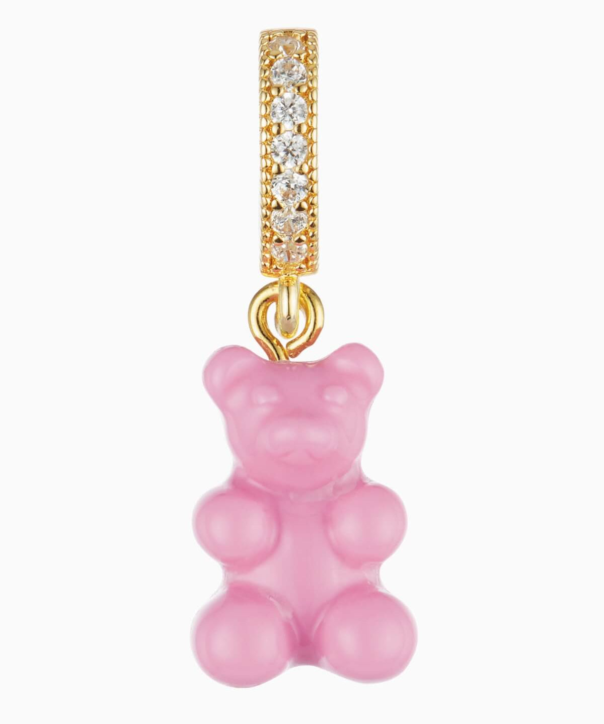 Crystal Haze Nostalgia Bear pendant in candy pink resin with a pavé cubic zirconia bail, product shot on white background.