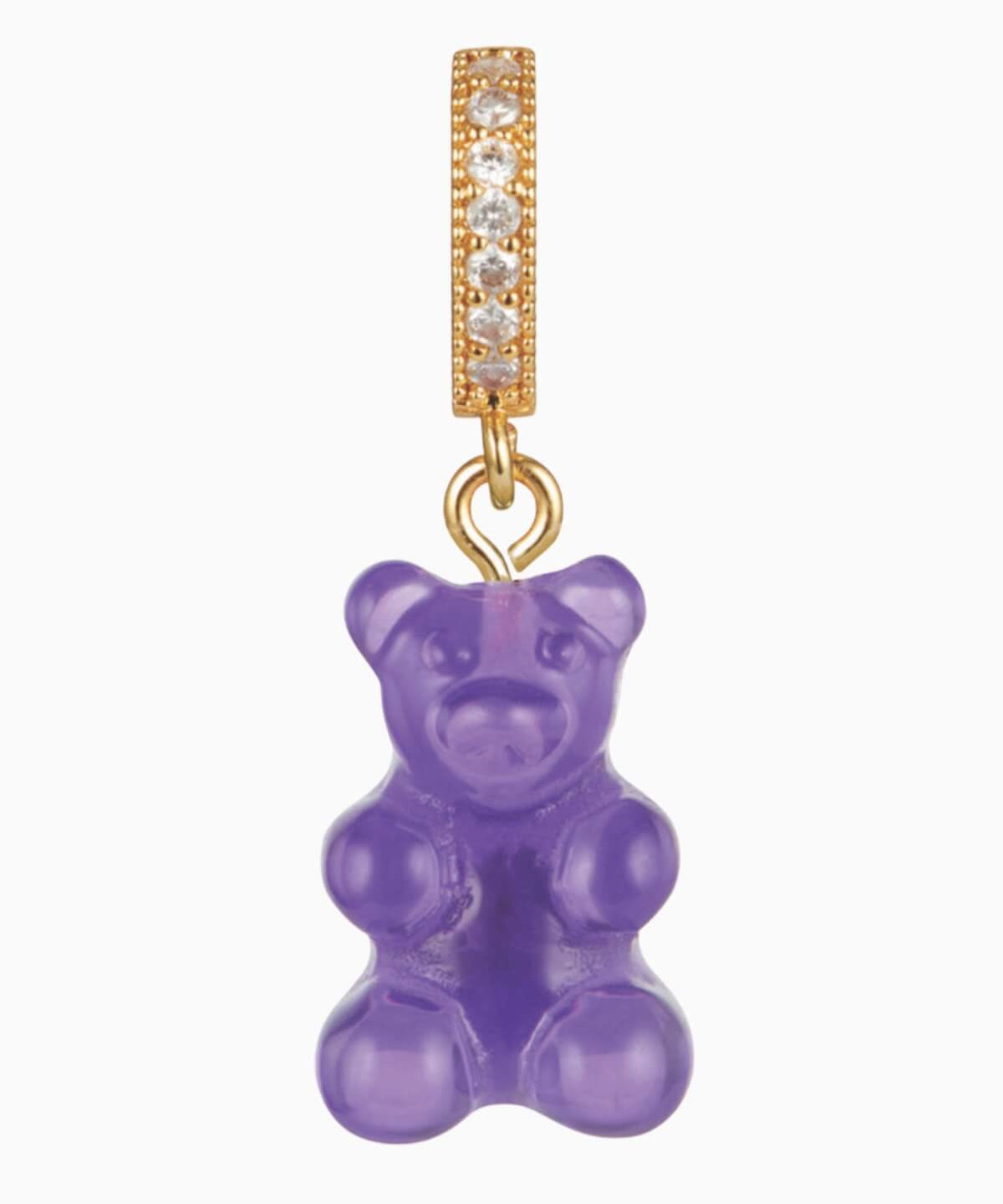 Crystal Haze Nostalgia Bear pendant in transparent purple resin with a pavé bail, product shot on white background.