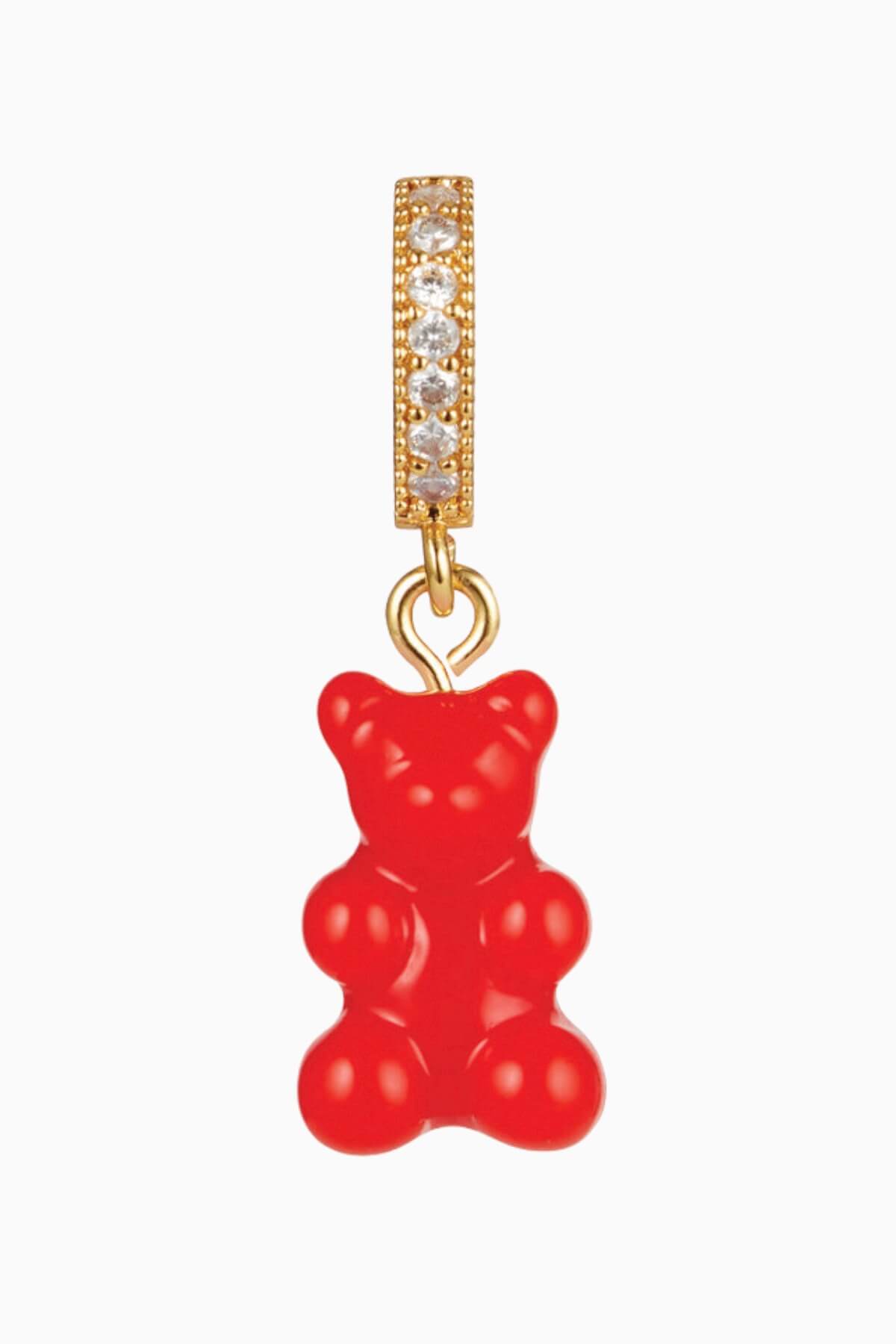 Crystal Haze Pavé Nostalgia Bear pendant in red resin on a gold pavé bail, shown on a white background
