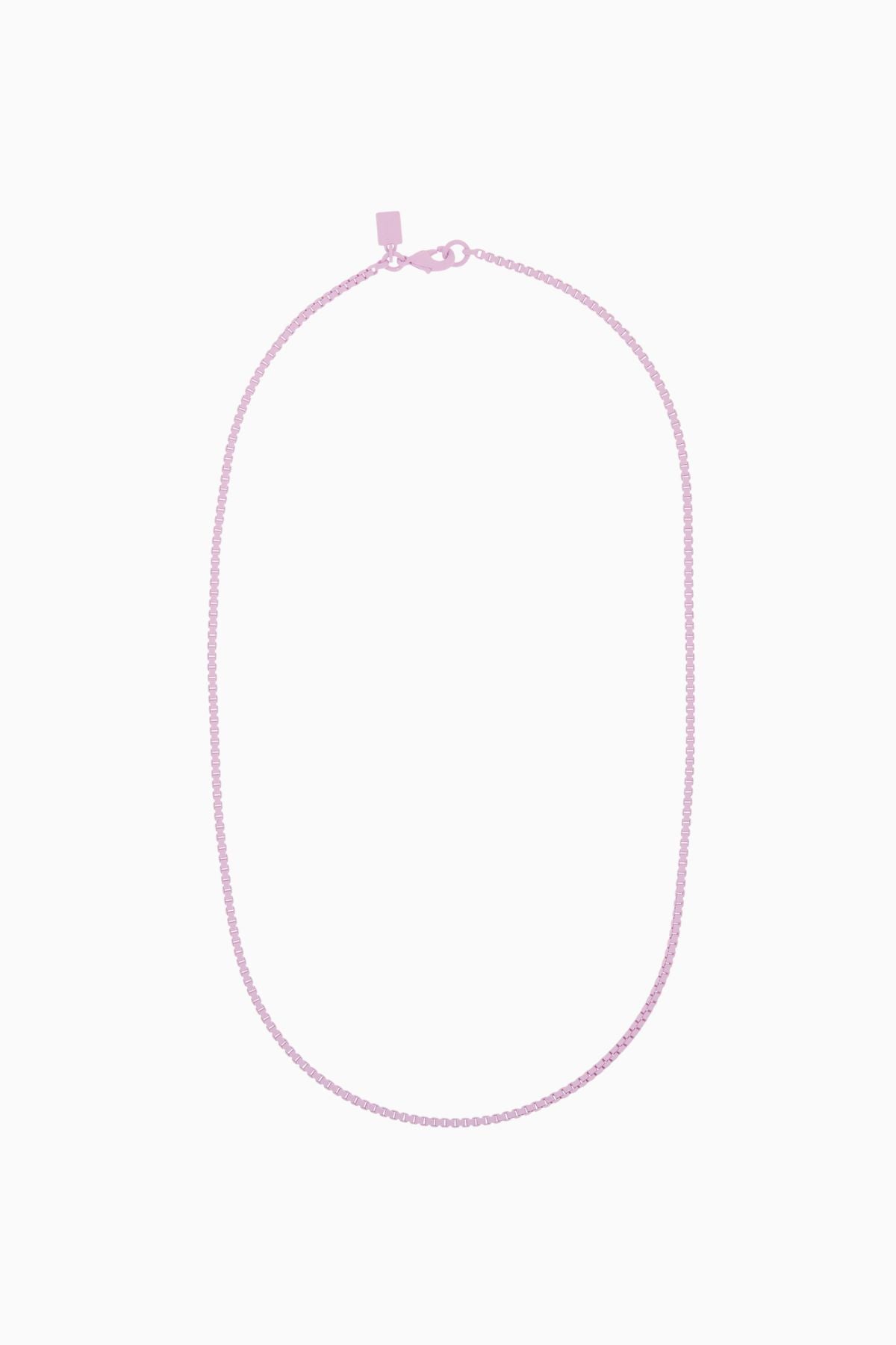 Crystal Haze Plastalina necklace in lavender enamel, flat lay on a white background
