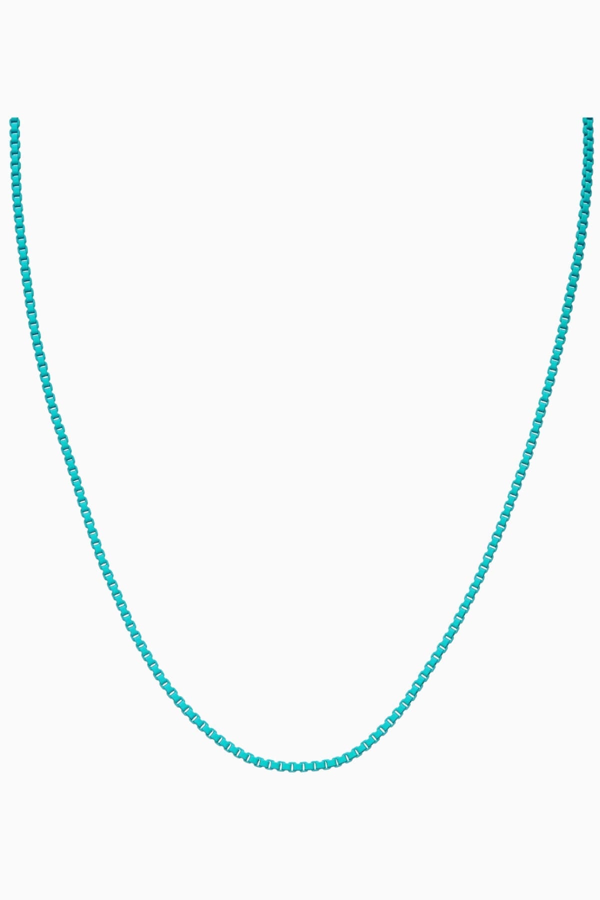 Crystal Haze Plastalina necklace in turquoise enamel, flat lay on a white background