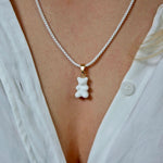 Crystal Haze Plastalina necklace in white enamel, worn with a matching white Nostalgia Bear charm