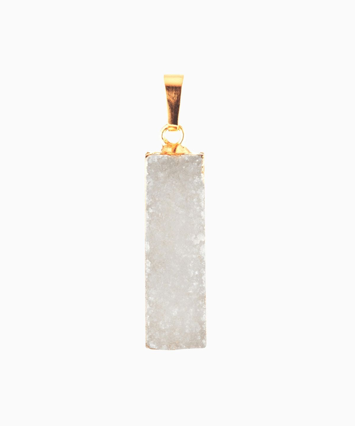 Crystal Haze raw-cut light grey agate bar pendant with a gold-plated bail, on a white background.
