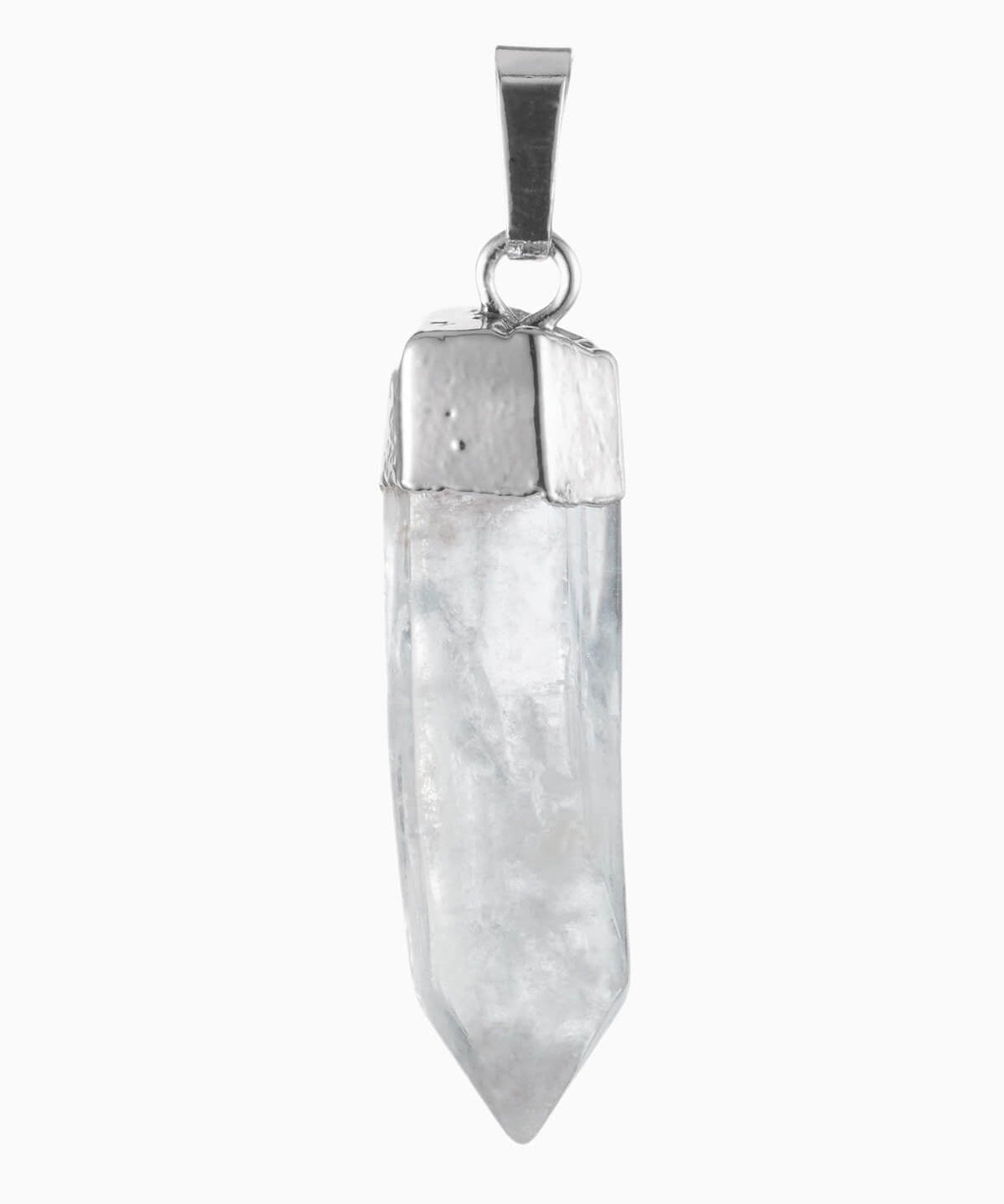 Close-up of the Crystal Haze rock crystal pendant, a clear quartz point with a silver-plated cap.