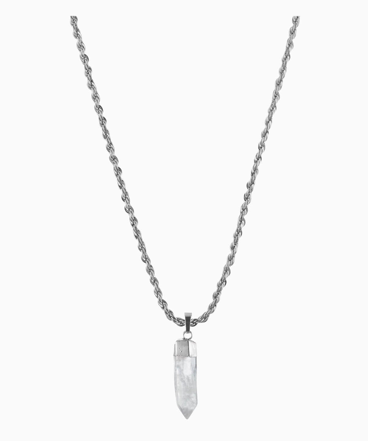 Crystal Haze clear rock crystal point pendant on a silver chain, shown on a white background.