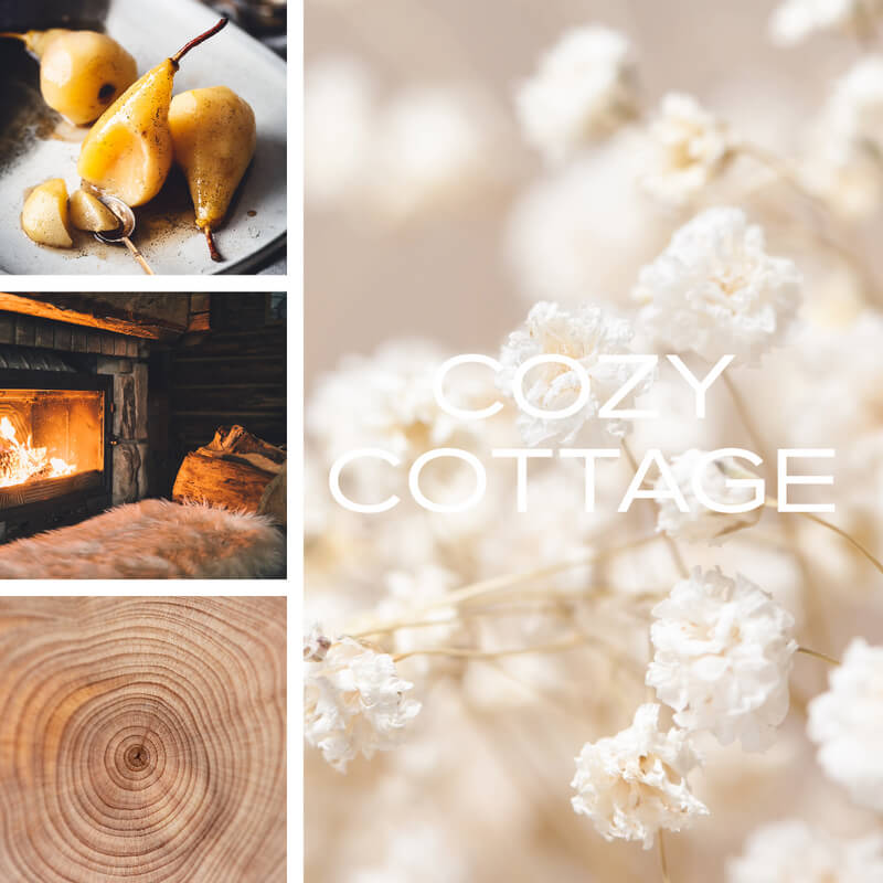 Collage of the natural ingredients used to make the Cosy Cottage Candle, crafted with pear blossom, sandalwood, and musk for a cozy ambiance in your home.