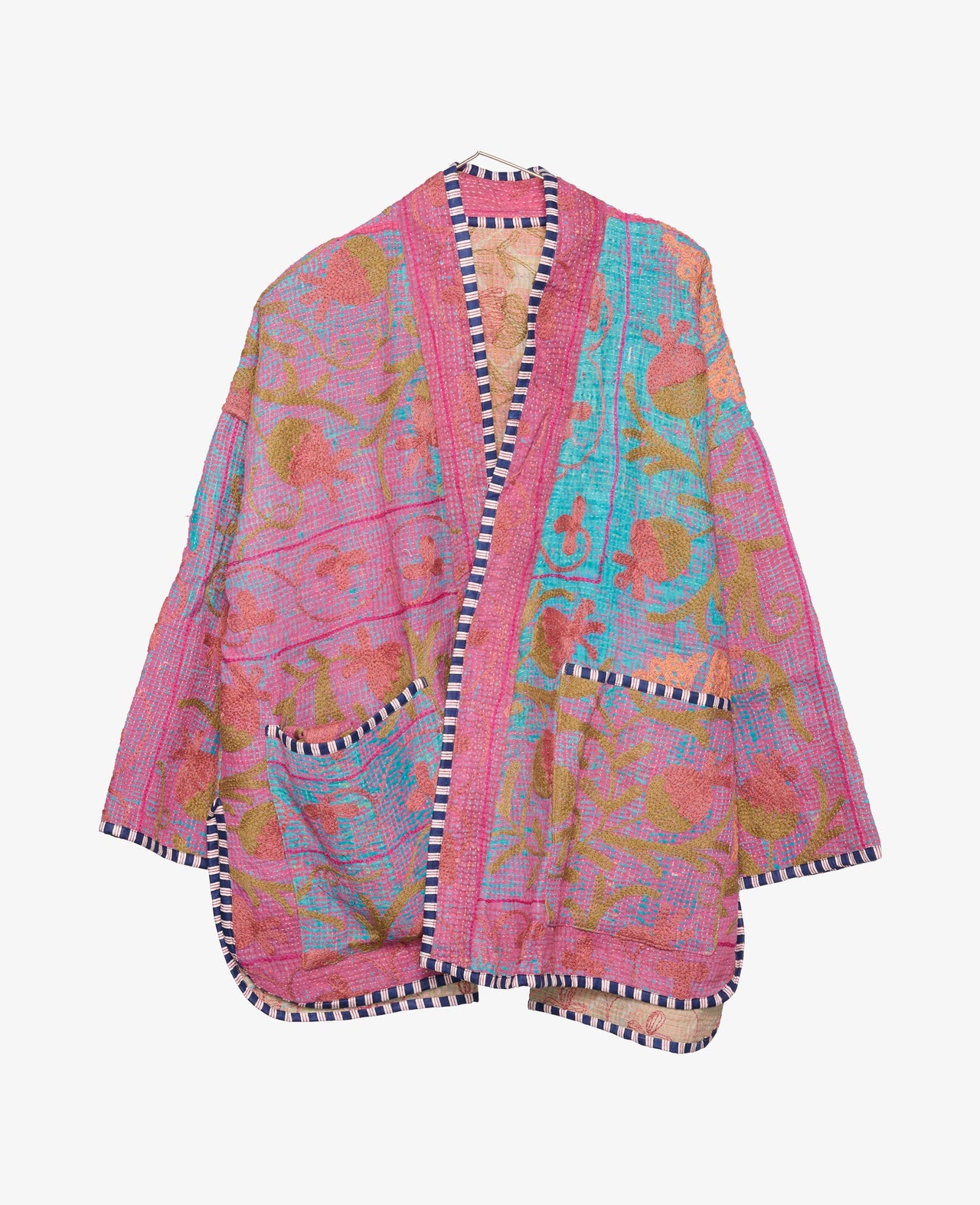 Vibrant, pink and light blue, one-of-a-kind Hedvig Kantha Suzani Jacket by Danish brand Sissel Edelbo