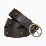Five Jeans black leather belt with star-shaped studs and a bronze buckle.