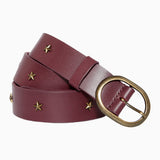 Five Jeans star studded leather belt in burgundy with a bronze buckle.