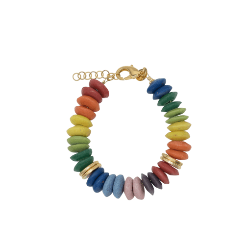 Hypso Paris CONFETTI bracelet with rainbow disc-shaped glass beads and gold accents, on a white background.