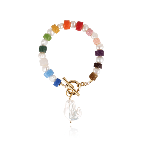 Hypso Paris MIDO bracelet with freshwater pearls, colourful glass beads and a crystal drop charm, on a white background.