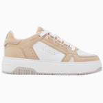 Nubikk Buxton Basket low-top sneaker in sand nubuck and white leather with golden eyelets, side profile.