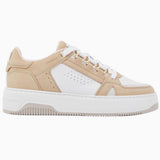 Nubikk Buxton Basket low-top sneaker in sand nubuck and white leather with golden eyelets, side profile.