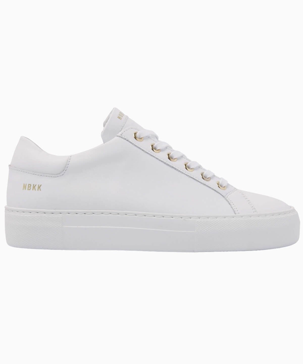 Nubikk Jolie minimalist white leather sneaker with gold eyelets, side profile on a white background.