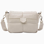 NUBIKK beige May leather bag, front view flat lay on a white background