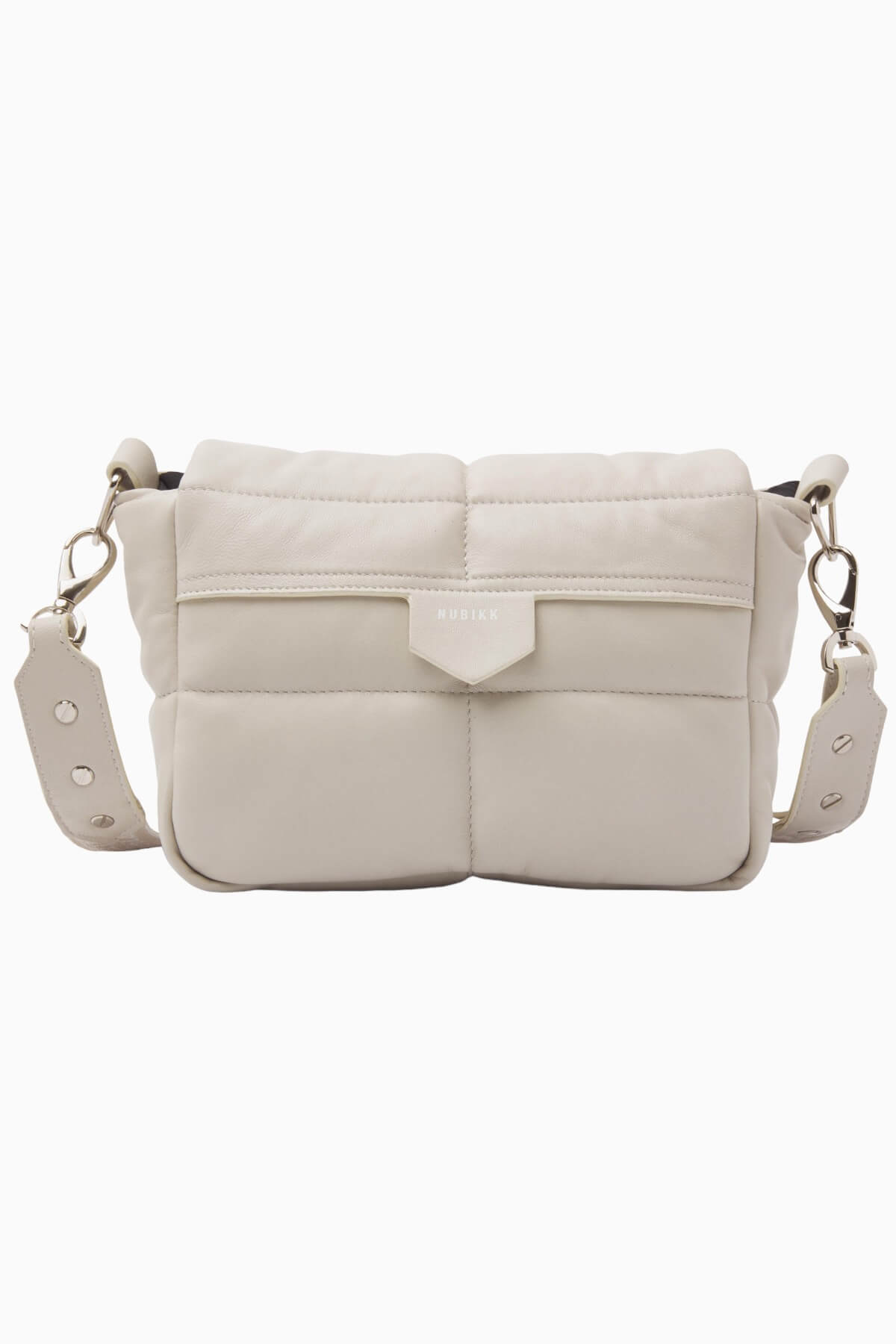NUBIKK beige May leather bag, front view flat lay on a white background