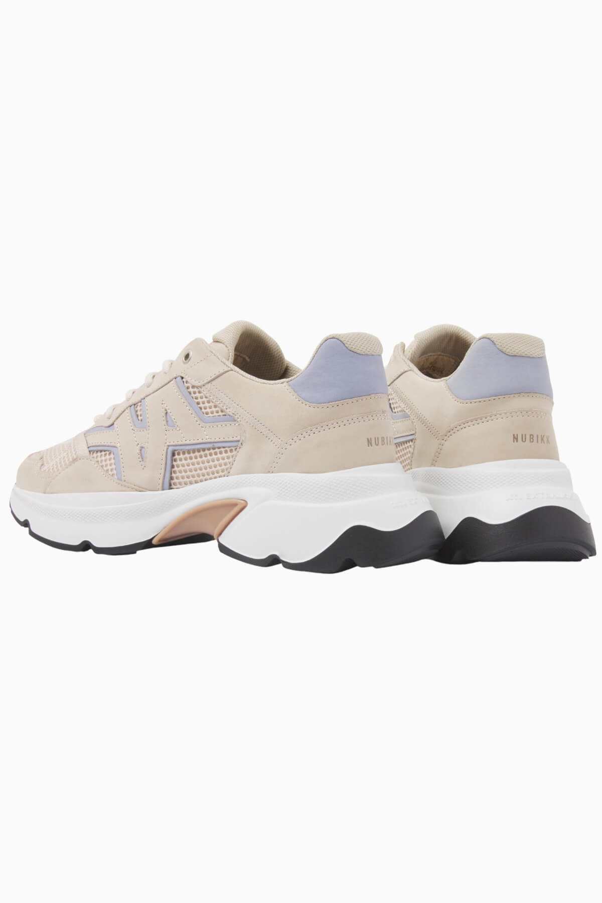 Nubikk Ross Trek beige sneaker from the back, showing the heel, chunky white sole and peach accents.