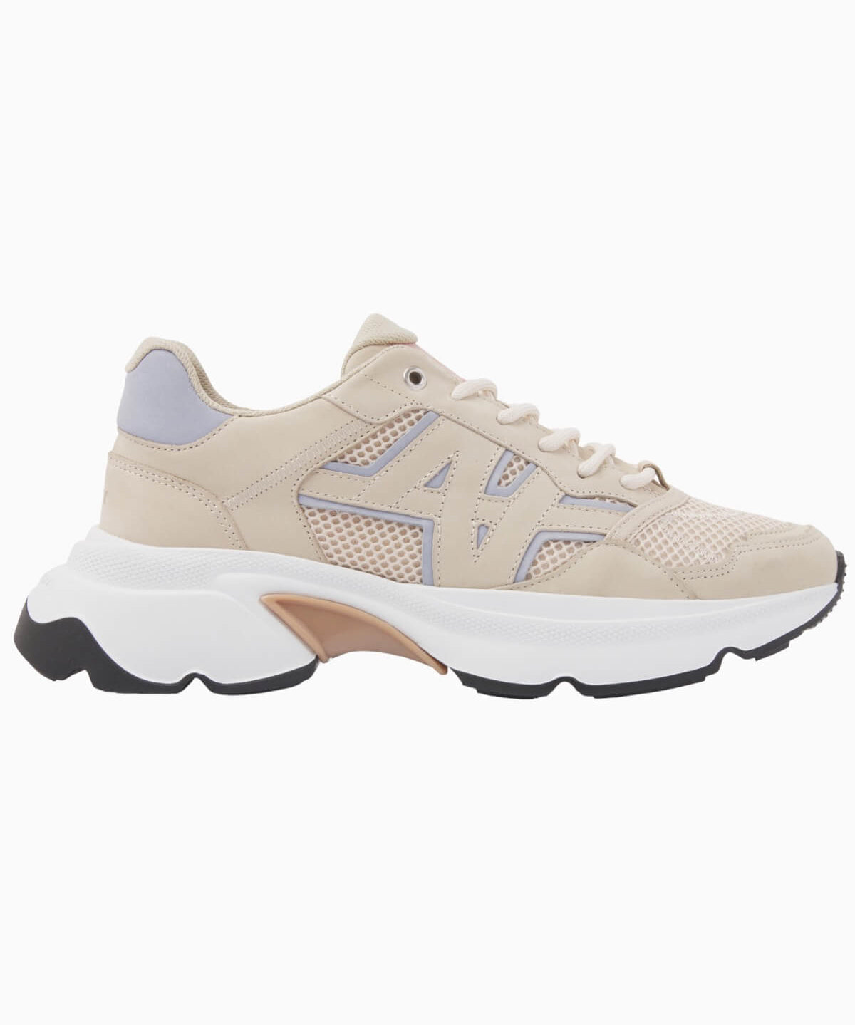 Nubikk Ross Trek chunky sneaker in beige nubuck with lilac mesh panels and a white sole, side profile.