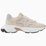 Nubikk Ross Trek chunky sneaker in beige nubuck with lilac mesh panels and a white sole, side profile.