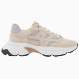 Nubikk Ross Trek chunky sneaker in beige nubuck with lilac mesh panels and a white sole, side profile.