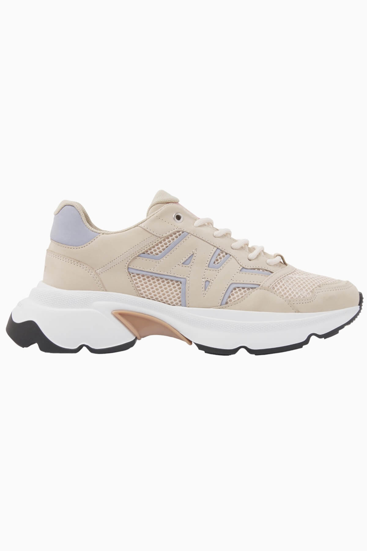 Nubikk Ross Trek chunky sneaker in beige nubuck with lilac mesh panels and a white sole, side profile.