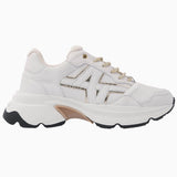 Nubikk Ross Trek chunky sneaker in white leather with gold accents and a chunky sole, side profile.