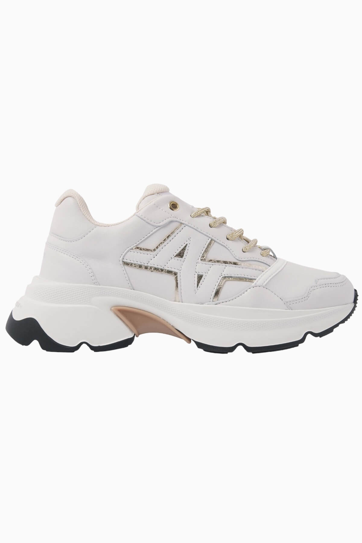 Nubikk Ross Trek chunky sneaker in white leather with gold accents and a chunky sole, side profile.