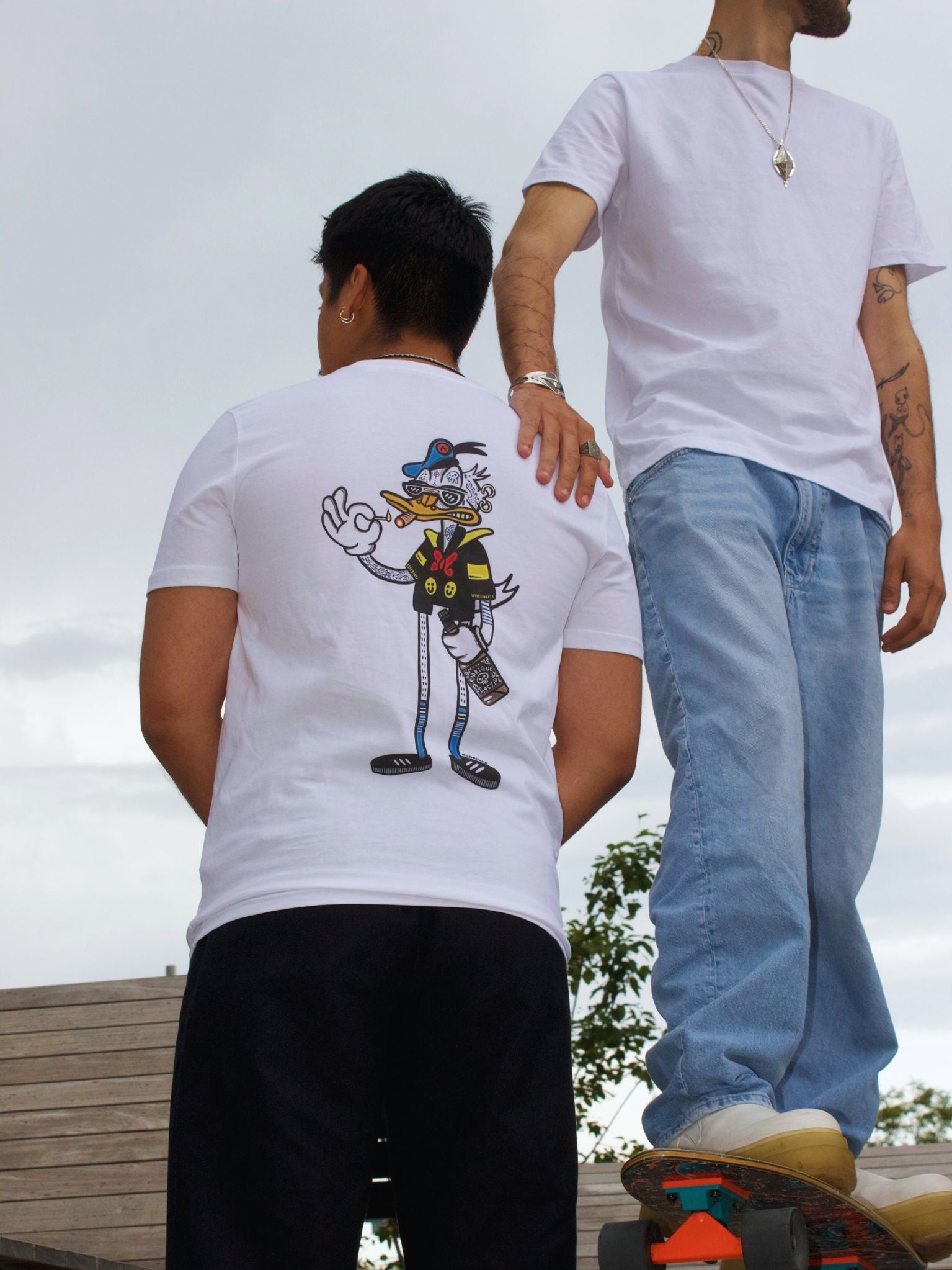 Two friends in Bad Duffey Limited Edition T-Shirts: Streetstyle