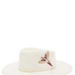 Van Palma DAKOTA fedora in off-white wool felt with parrot embroidery and gold-plated chain