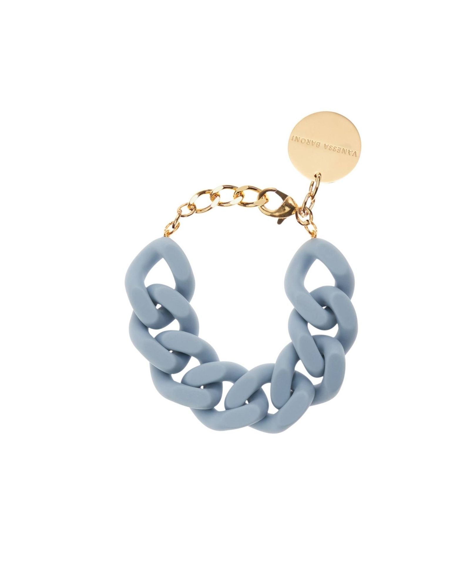 Vanessa Baroni flat chain bracelet in matt blue with sleek acetate links and adjustable gold hardware for a minimalist, modern accessory.