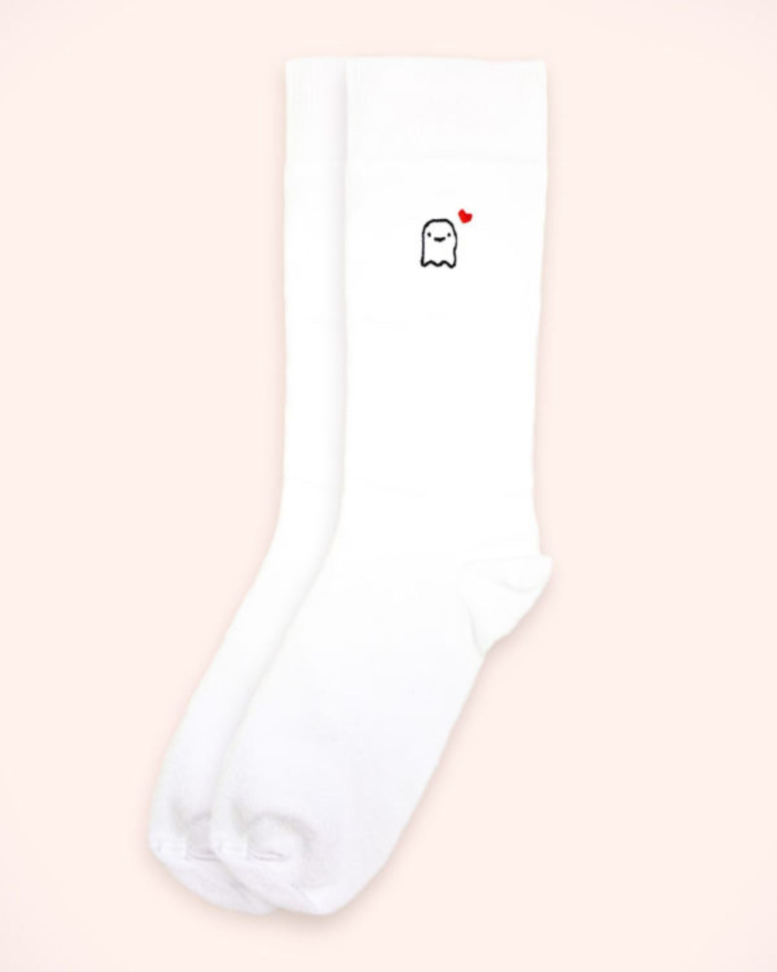 VFELDER Cute Ghost Hand-Embroidered Long Socks - Soft and Breathable Fabric with Charming Red Heart Detail